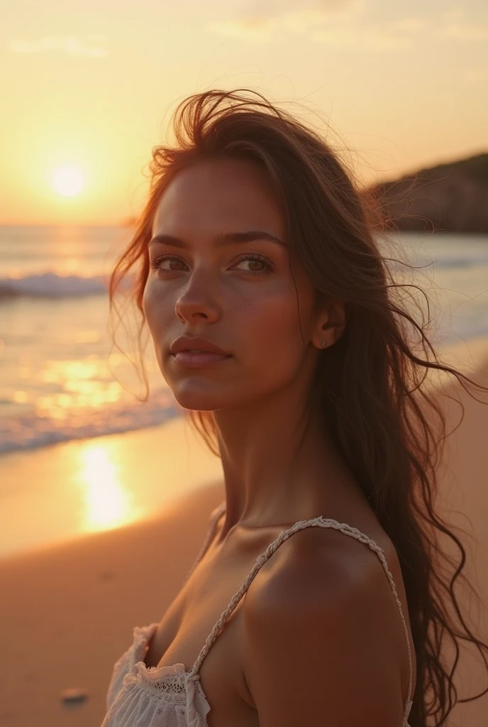 young Brazilian woman with light skin, medium dark brown hair, slender body, ??????? on the beach, wearing only white panties, lying on the beach sand on top of a towel with colorful stripes, high quality, photorealistic, 8K, luxury, elegant, sophisticated, confident pose, studio lighting, cinematic, golden hour, warm tones, glowing skin, piercing eyes, full lips, sharp focus