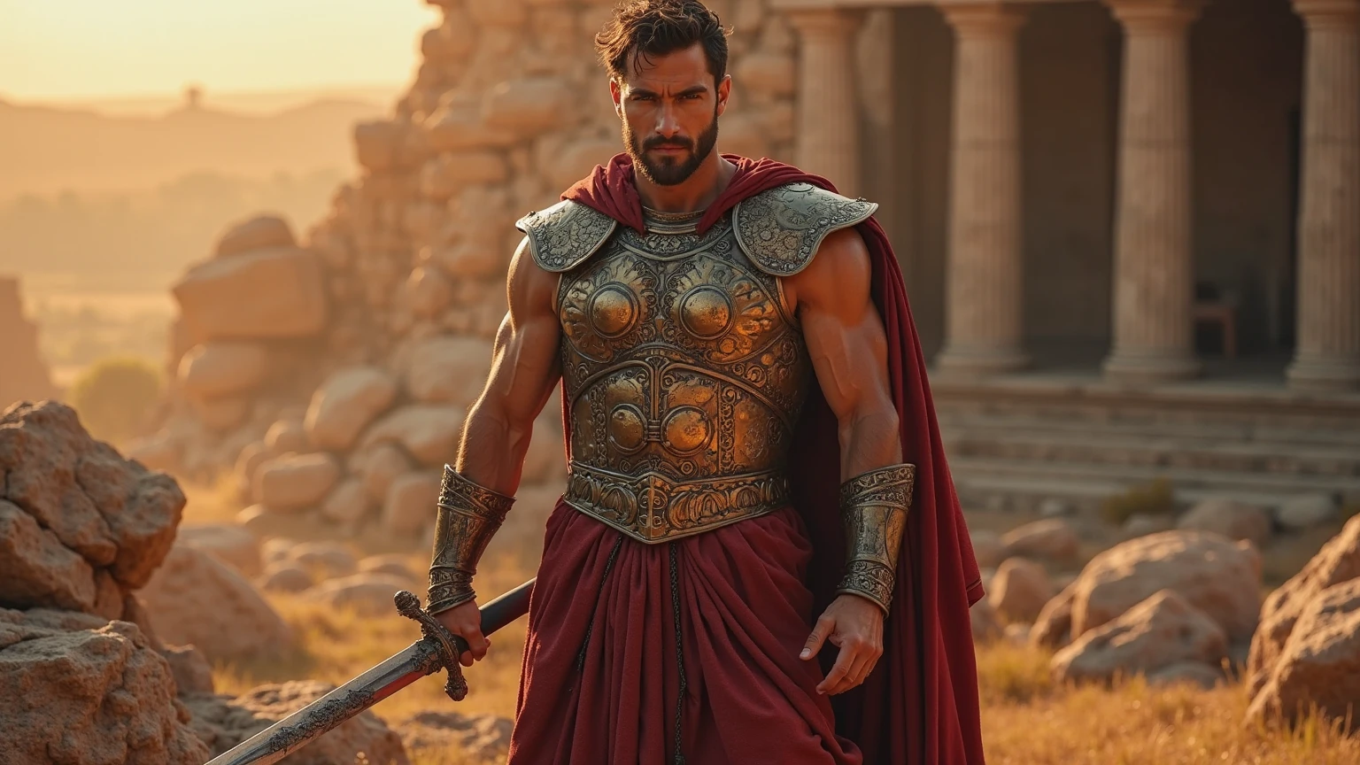 create a Gladiator), Greek God style, wearing Spartan armor, strong and muscular, Jamie Dornan, strong and muscular, (Moreno with model face), wearing dark beard, dark short hair, man similar to actor jamie dornan, (high quality and realistic image), sparta city background, cinematic style, ((Best quality, 8k, Masterpiece).