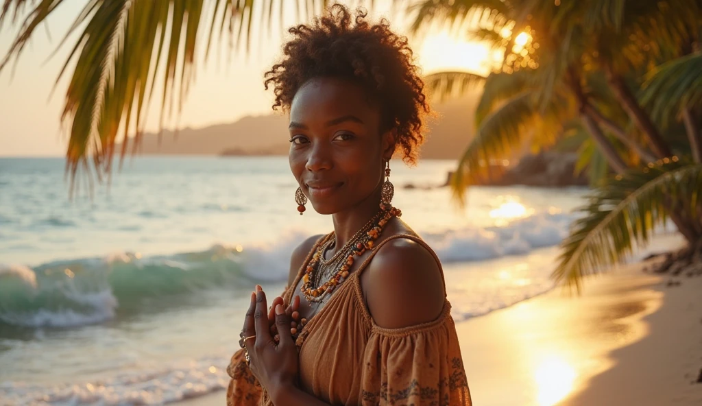 jovem africana com vestilo azul longa,na praia coberta com conchas,