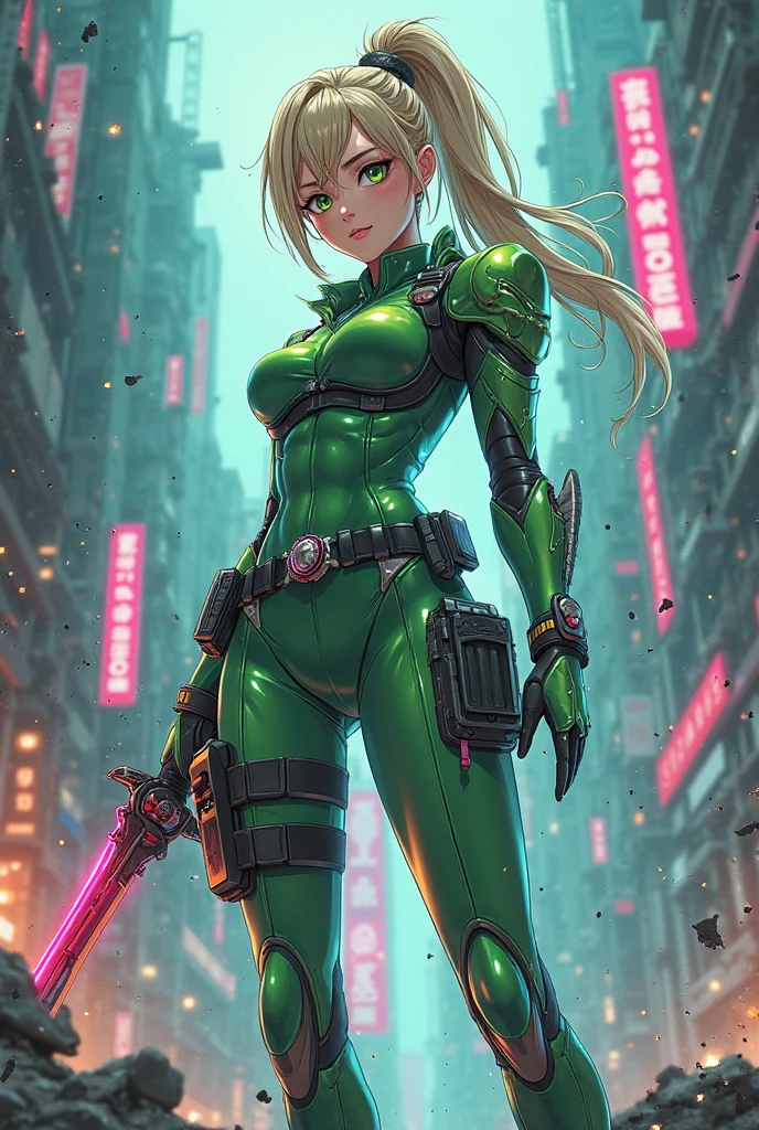 ((greatest masterpiece:1.3, ultimate quality:1.3, ultra-detailed:1.2)), (movie lighting), ((perfectly sensual)), super fine illustration, an extremely delicate and beautiful, 4K, 8K, 16K, UHD, 1girl, solo, vibrant long hair, stunning eyes, large breasts, athletic build, perfectly proportioned female body, anatomically perfect, detailed beautiful face, confident smile, flushed cheeks, exoskeleton battle suit, green and dark green color scheme, large beam saber, combat stance, sci-fi anime background, cinematic angle, official art, dynamic composition, upper body shot, seductive pose, perfect AI-assisted artwork, world-class quality, futuristic cityscape, night scene