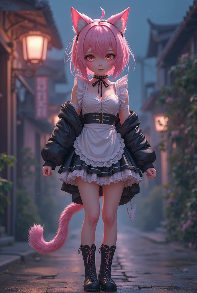 Girl Cat Ears Beast Tail Short Pink Hair Short Skirt Shyness Tongue Sticking Thin Legs White Stockings Loli Kneeling --auto --s2