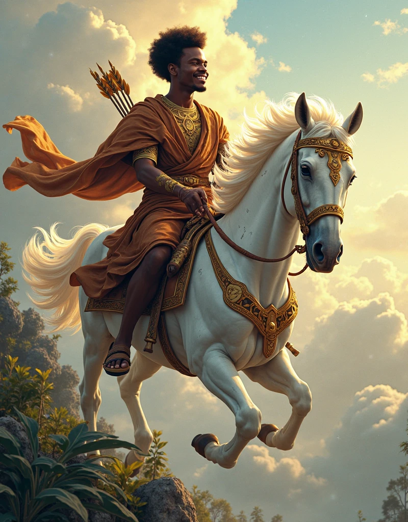 Male Orisha Ogum of the Afro religion in blue clothing with his sword in his hand, characteristics of Saint George in the clouds fighting the dragon mounted on his white horse