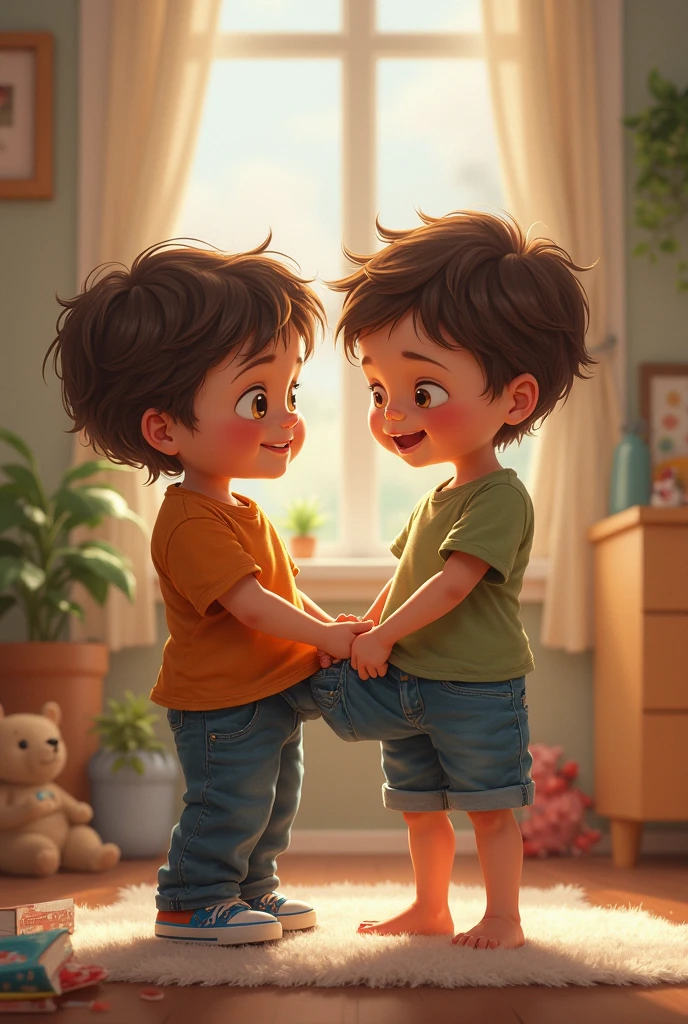 Deux petits garçons qui enlève leurs t-shirt et leur pantalon pour être en caleçon