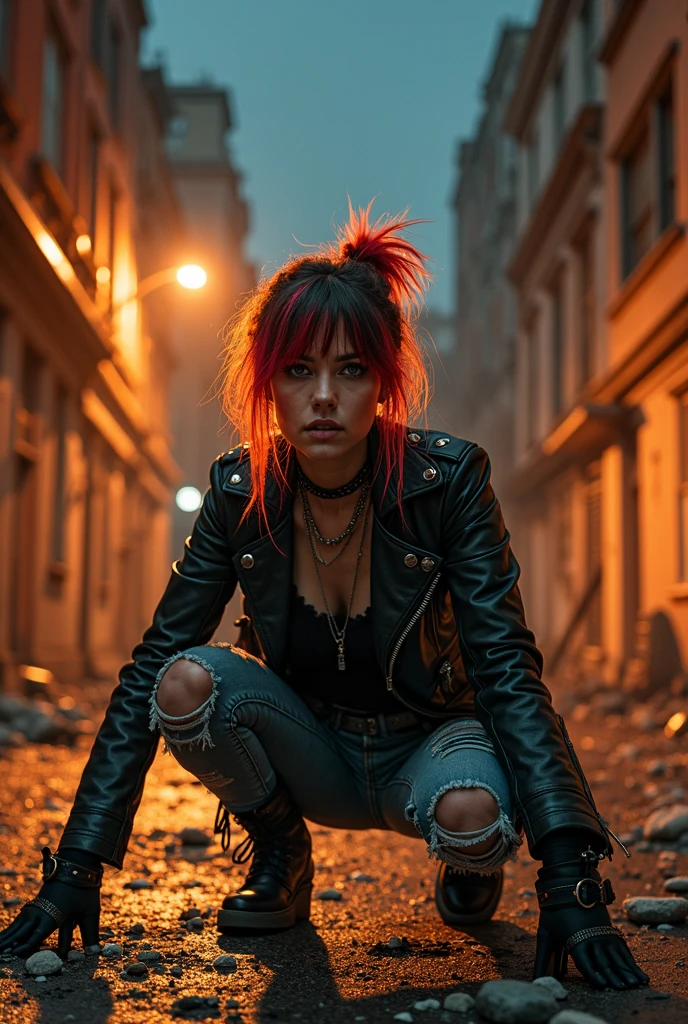 a detailed beautiful 8k photo from below of a girl (crouching) on a car. post apocalyptic city street. wearing assassin outfit trench coat, shirt, cleavage, muted colors, dark, mist, smoke. reflectors. ((fighting pose)), gritty, athletic, dirt, grime, torn pants, (splash of red), cyberpunk, necklace, destroyed car, old car
