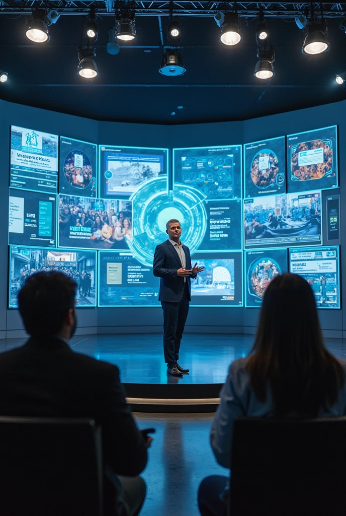 A fashionably dressed entrepreneur showcased the design concept and application scenarios of the industrial brain at the roadshow event，The audience and investors were enthusiastic，The light is focused on the speaker，Close-up of the foreground, 8K，high definition resolution