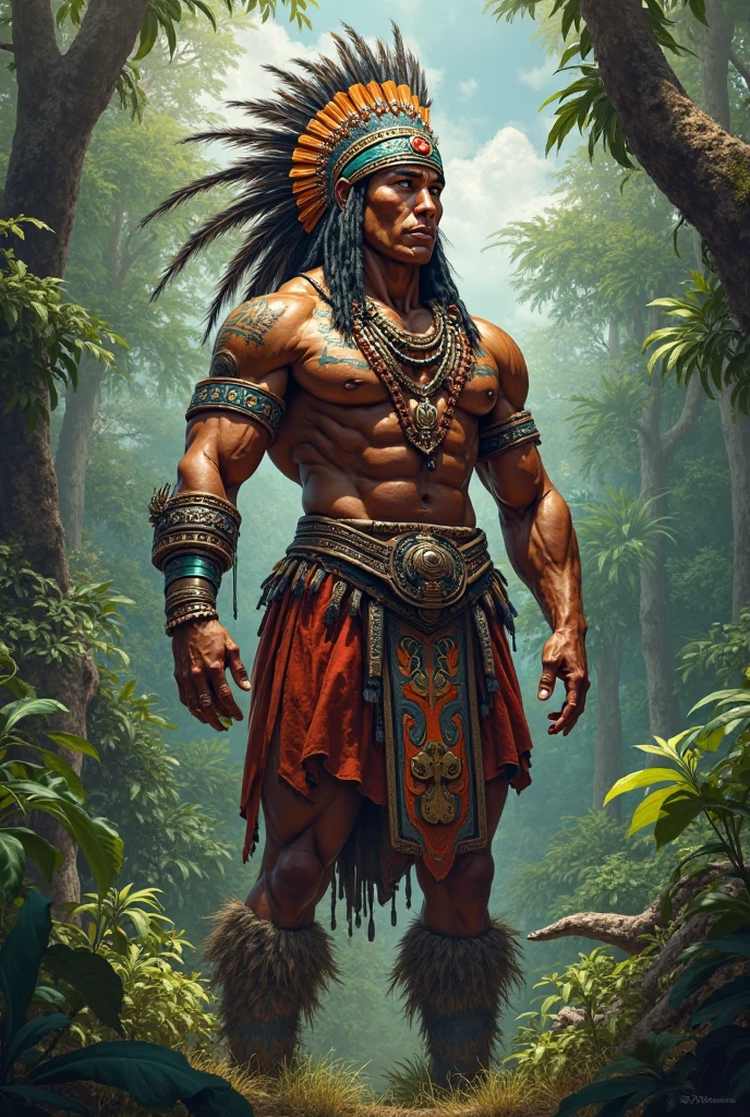 Inca soldier with a club, and feathers on the head, with a stone axe