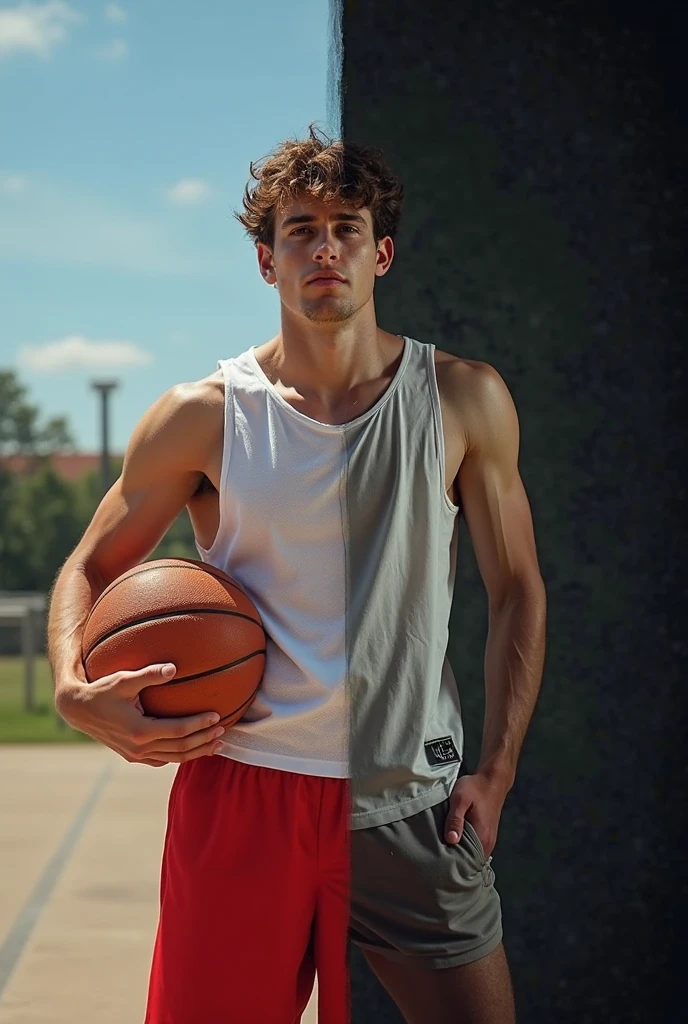 shirtless sweat-drenched 21-year old short red hair handsome male, white basketball shorts soaked with sweat, rubber shoes, dripping with sweat, shirtless, sweating, outdoor basketball court