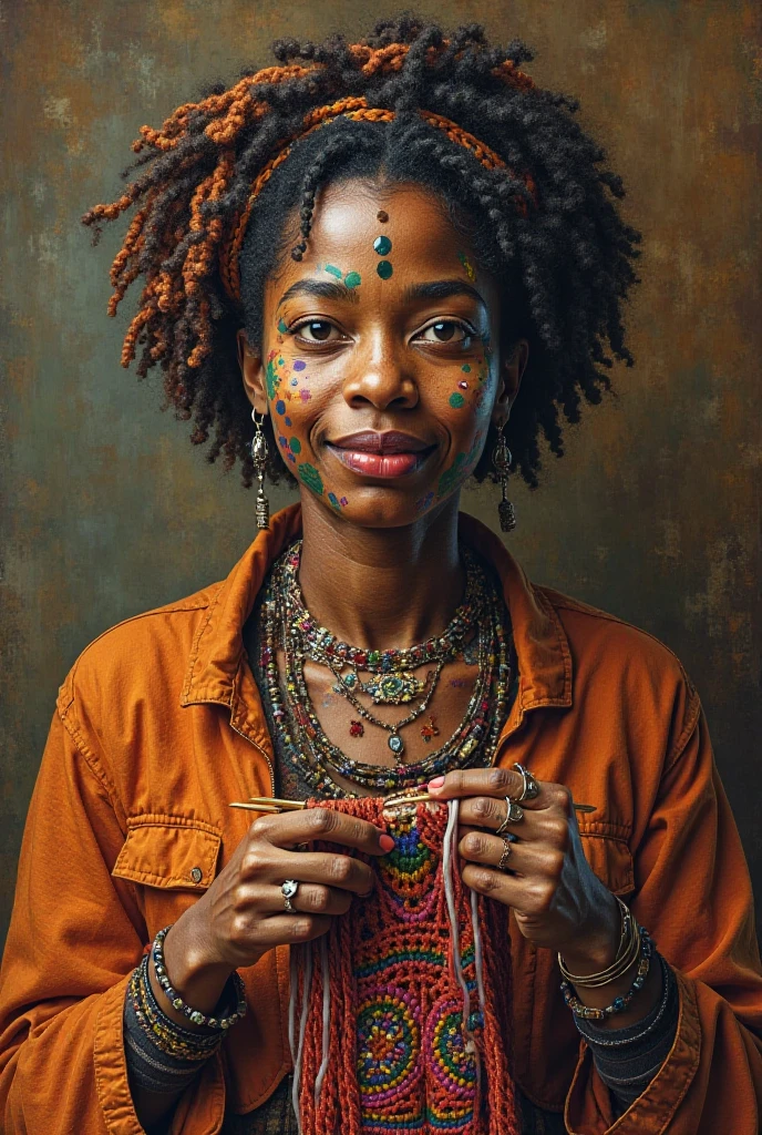 a portrait photo of a black girl, smiling, tattoo, blue dreads, (folk dress:1.3), Ukrainian short dress, pronounced feminine feature, insane details, intricate details, hyperdetailed, complex background, medieval tavern, indoors
