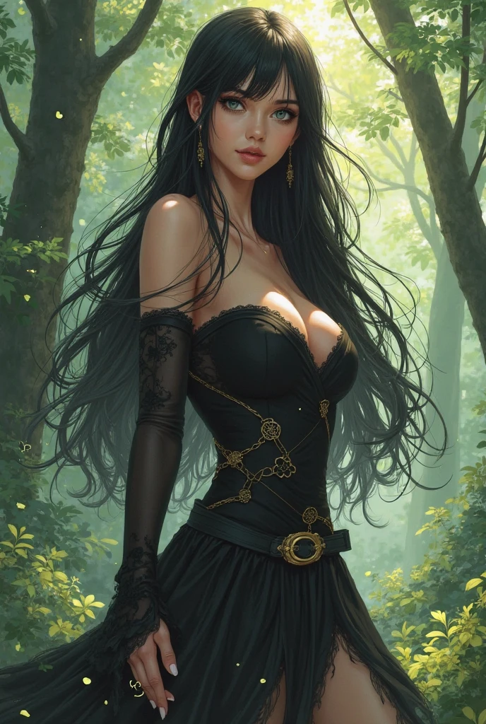 Caramel-skinned princess with long black hair and vibrant blue eyes. your hands are wearing a pair of iron gloves that cover your fingers. She is wearing a white wedding dress that is ripped and shows her back with a vertical tear.. She is looking at a turquoise palace and is scared. There are many people looking at her with disgust. There are birds in the sky and a green forest behind the palace. Golden leaves fall from the blue sky. There are black and gold veins popping out from her bare back. From the palace window a red-haired king watches her. Realistic illustration like fairy tales.