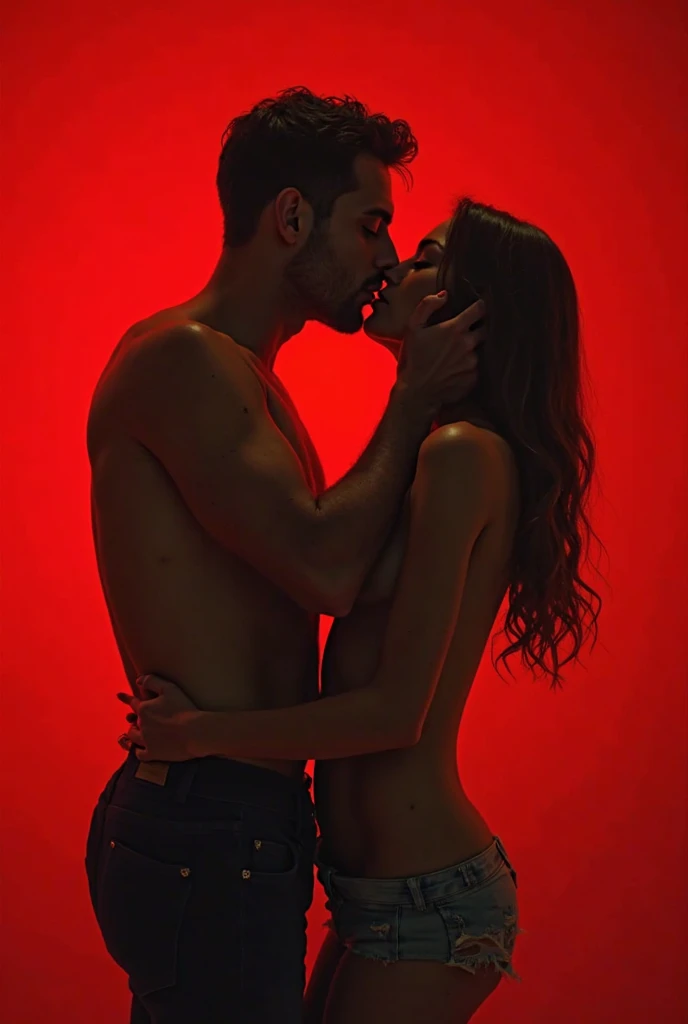 A young Puerto Rican hairy bearded strong muscular man in red bulge underwear sitting on the floor hugs and kisses a beautiful woman in red panties sitting on the floor who pulls down his underwear, in performance on a stage of a television program presented by a famous presenter.