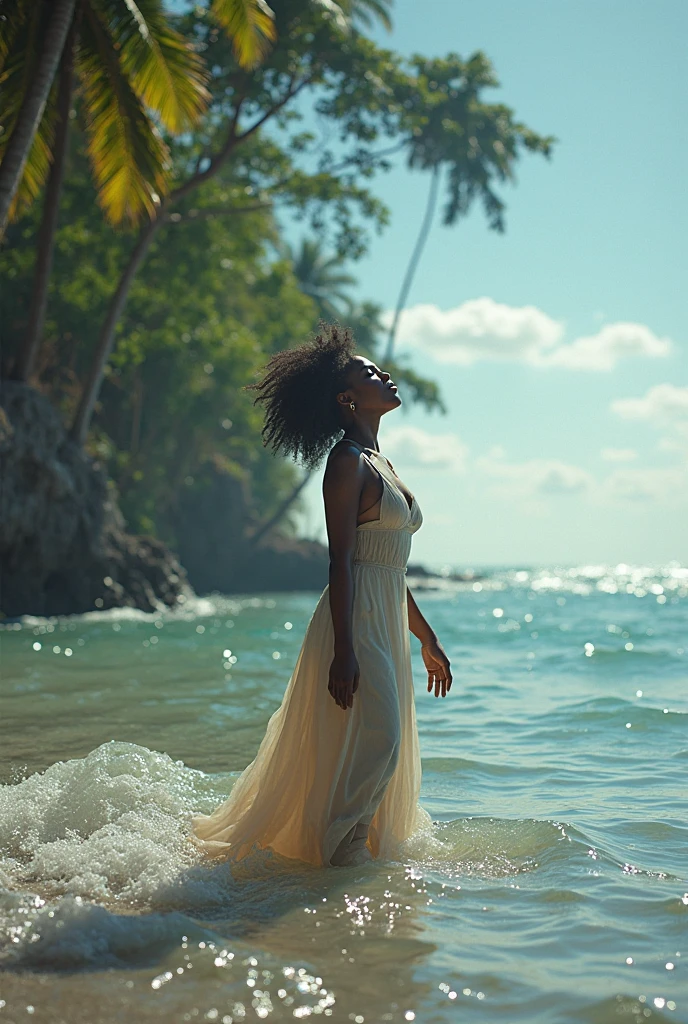photograph of 28 year old dark-skinned african-american woman wearing a yellow sundress walking on top of water in the ocean. Beautiful, gorgeous, sexy, cute, and erotic. Long eyelashes, pretty eyes, black hair, perky lips. 36dd breast, big buttocks, curvaceous body. yellow high heels, diamond ring., cinematic lighting, reflection light, backlighting, UHD, masterpiece, anatomically correct, textured skin, super detail, 8k