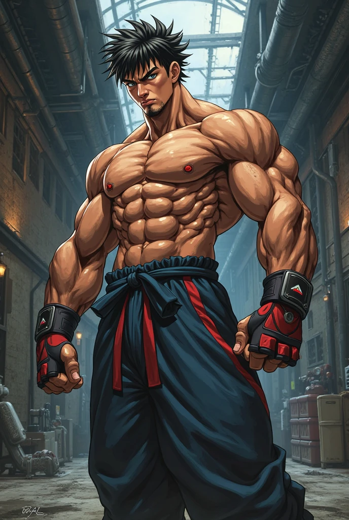 (Masterpiece, best quality), Katsuki Bakugo, (full body), Body tilt, Large and delicate eyes, open eyes, (red pupil eyes), (blonde hair), muscular, nakedness, (spine:1.2), youthful, shirtless, blushing, angry, intimate lighting, night, shorts, kickboxing, fight, attack position, dynamic pose