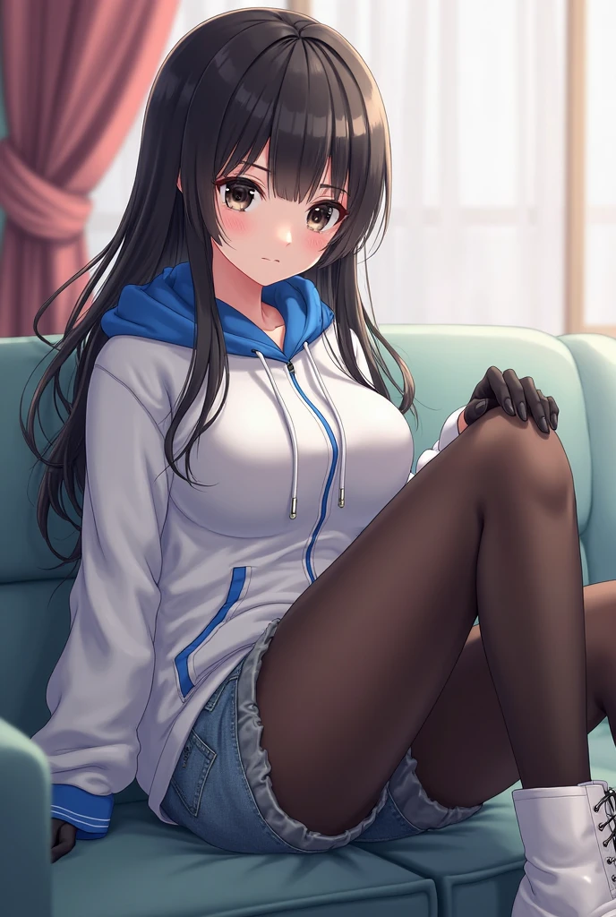 ((nsfw, masterpiece, best quality)), ((super high resolution)), (photo realistic), best shadow, (sharp sketch, illustration:1.2), high detail, very detailed, (nice hands, perfect hands), (POV, face focus:1.4), ((1girl and 1 boy)), beautiful girl, 24 years old, blue eyes, (straight long black hair:1.5), (normal breast:1.2), glossy skin, ((view from front:1.5)), (very slender:1.3), (beautiful adolt face:1.3), famous idol, thin lips, detailed facial features, facial and skin texture, Crisp focus, perfect beautiful body and face, pink small nipple, beautiful face, perfectly in focus, long bangs, underhair, (in the bedroom:1.3), all body, (smile:1.5), (sweat:1.5), ((woman on top:1.5)), ((penis)), ((vaginal)), ((sex:1.5)), (jacket:1.5), (cum in pussy:1.5), skirt lift, open mouth, kneehighs