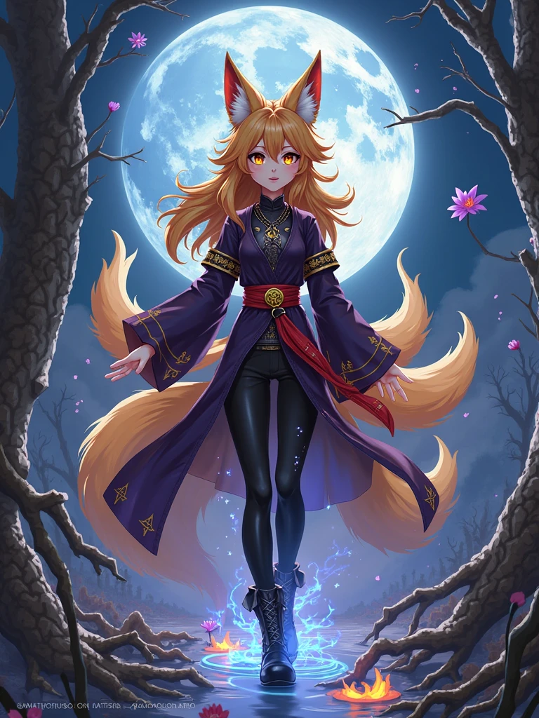 by fluff-kevlar, by ouka, by Kilinah, (((woman, breasts, antrum, extremely detailed, extremely detailed legs, extremely detailed arms, extremely detailed face, perfectly detailed eyes, perfectly detailed anatomy))): 1.2, beautiful and detailed portrait of an anthropomorphic vixen ((female))), anthro, female, fox, high definition, good anatomy, yellow fur, yellow body, simple background, highly detailed face, deep yellow iris, yellow eyes, yellow hair, long hair, kitsune, holding blue ghostly fox kitsune fire in hand, multiple tails, dark lighting, moody lighting, full body, sexy body, slanky body, sexy face, nice, hot, cute, pawpads, paws, showing feet, magical levitating, night, half moon, stars, blushing, friendly smile, smile, friendly, elegant, dark, mysterious, alluring, beautiful, thigh highs, black yukata