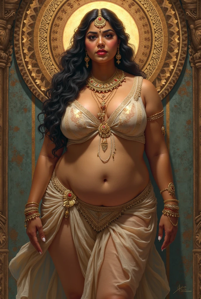 A preety Indian giantess goddess with really big breasts and her both hands on her breasts and a tiny man on her breasts 