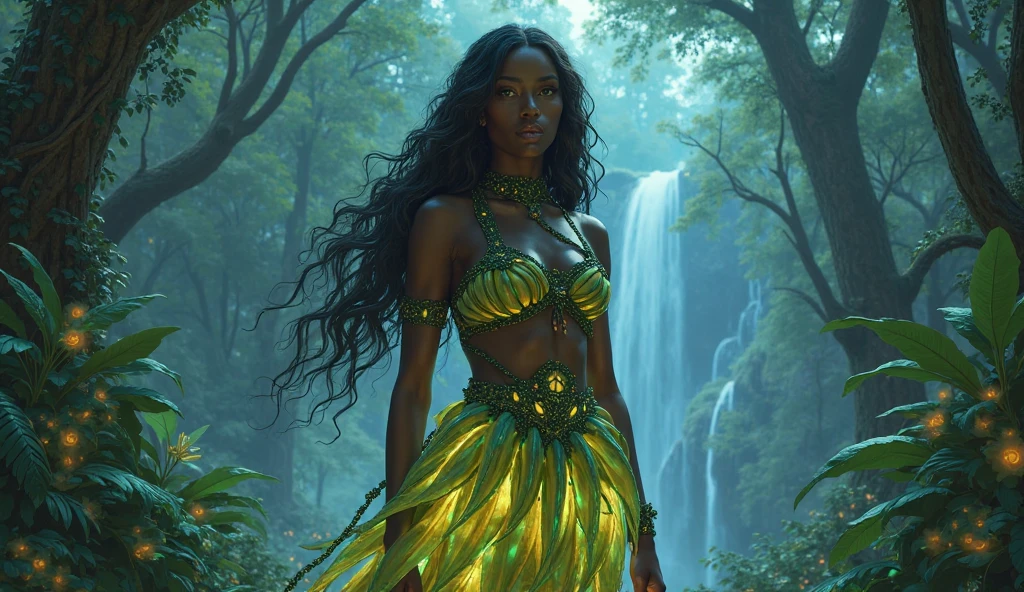  picture of an exquisite beautiful African female vampire standing under the starry night sky at the base of the waterfall, dynamic angle (ultra detailed, Masterpiece, best quality), ultra feminine, (black skin: 1.3), dynamic hair color, wavy hair, dynamic eyes color, cold eyes, (glowing red eyes: 1.3), intense eyes, dark red lips, busty, wearing dynamic color dress dress (ultra detailed, Masterpiece, best quality), wearing blue cloak (ultra detailed, Masterpiece, best quality), long cloak, flowing cloak (ultra detailed, Masterpiece, best quality), wearing high heeled boots, water coming down from a mountain, multi level water falls, several pools created in different levels, forming new waterfalls, water cascading into a pool steam rising, clear water in many hues of blue and azure falling, ultra best realistic, best details, best quality, 16k, [ultra detailed], masterpiece, best quality, (extremely detailed), ultra wide shot, photorealism, depth of field, hyper realistic painting, sky full of stars background, moon, bats flying about, high details, best quality, 8k, [ultra detailed], masterpiece, best quality, (ultra detailed), full body, ultra wide shot, photorealism, dark fantasy art, dark fantasy art, gothic art, many stars, dark fantasy art, gothic art, sense of dread, Intense gaze, Mj Osea Style