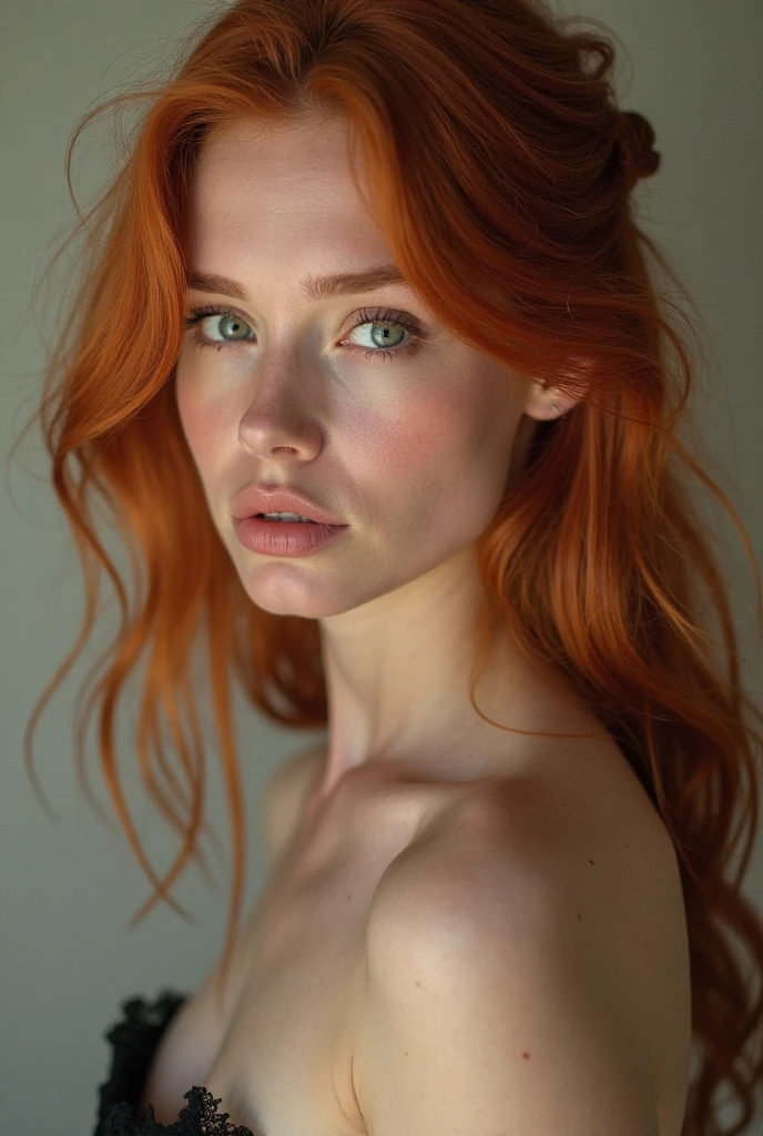 a red-haired girl with long hair, blue eyes looking at the camera all naked with a mischievous smile