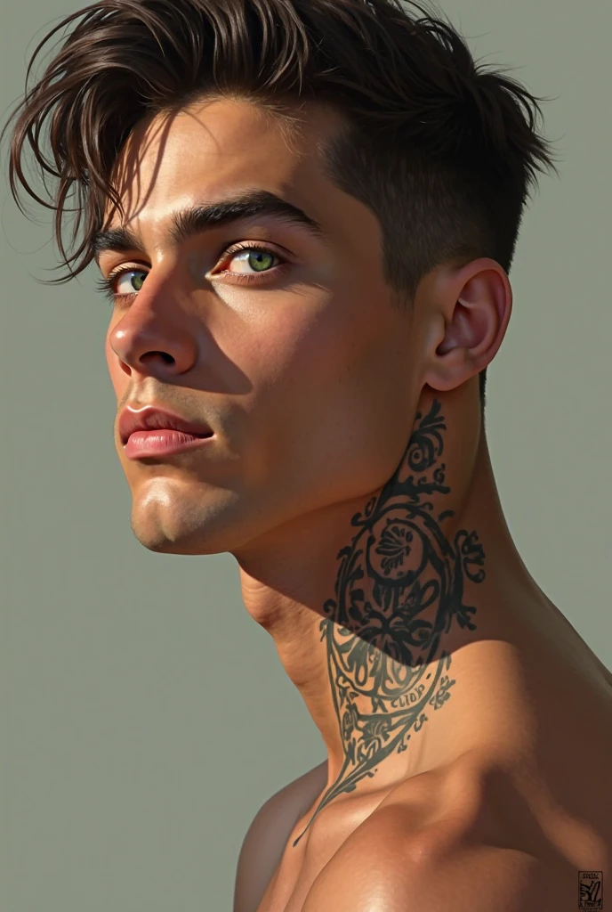 a close up of a man with a tattoo on his chest, editorial portrait, male model, beautiful young man, portrait of beautiful young man, young man with beautiful face, beautiful male face, black and white portrait, closeup headshot portrait, head and shoulders shot, portrait close up of guy, editorial photograph, headshot portrait, upper body portrait, nico delort