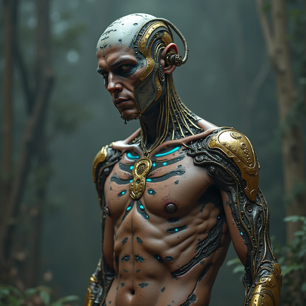 Generate a detailed male human with a hybrid body, Show organic、Seamless integration of mechanical and cybernetic elements. Stimulate people's imagination. Desolate landscape of valley and mountains, Thick fog shrouded, Sunshine is scarce, Thick trunk, In surreal landscapes, 4K, Movie Lighting, Natural Lighting, Film Grain, Movie Lighting, High Detail, Photorealism, Photorealismistic, Volumetric lighting and shadows