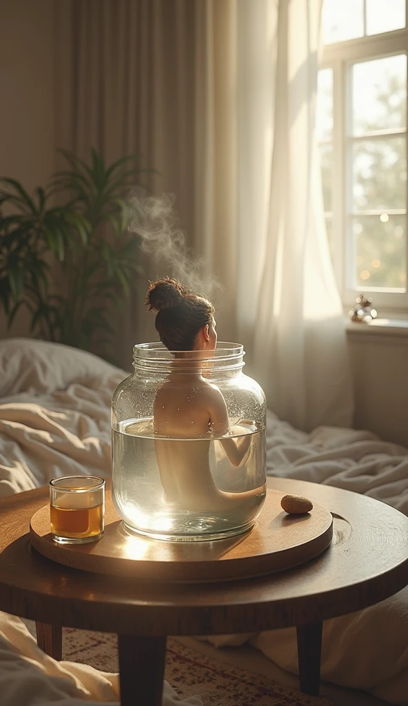 Ceramic girl in bikini lying on ceramic matcha tea bowl, detailed ceramic texture, intricate details, beautifully detailed eyes, beautifully detailed lips, highly detailed face and features, porcelain-like skin, serene facial expression, traditional Japanese house, matcha tea bowl on table, natural lighting, cinematic composition, vibrant colors, high quality, 8k, hyper-realistic, photorealistic, masterpiece, studio lighting, ultra-fine details