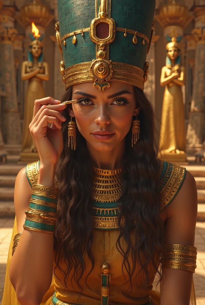 1 adult egyptian woman, green eyes, flaps of black hair, makeup, upper body, looking at the viewer, detailed background, detailed face, OldEgyptAI, ancient egyptian theme, warrior of the wild jungle, pink tribal clothing, obsidian, defensive posture, stone knife, bushes, poisonous plants, rocks, humid climate, darkness, cinematic atmosphere, darkroom, dim light, zentangle, mandala, tangle, Tangled, (gold, red, blue and green: 0.5) (35mmstyle: 1.1), front, masterpiece, 1970s film, , cinematic lighting, (photorealistic: 1.5), high frequency details, 35mm film, (film grain), film noise, --auto --s2