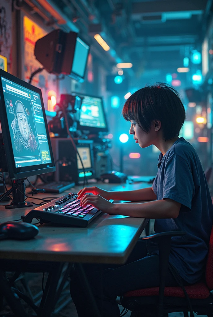 Alex, a young gamer, loved playing video games, 8k realistic imagery, blue scenery like a movie scene, home setting, inspired by blade runner movie scene, blue tone,