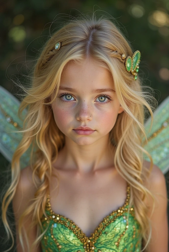 Make an image of a blonde with blue eyes with curly hair like angels in black leggings and barefoot and she is the most beautiful in the world and she is 12 years old