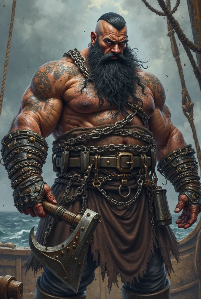 a big, bald, beefy man with eyepatch on right eye, with a hook on right hand, with a grey braided beard. PiratePunkAI