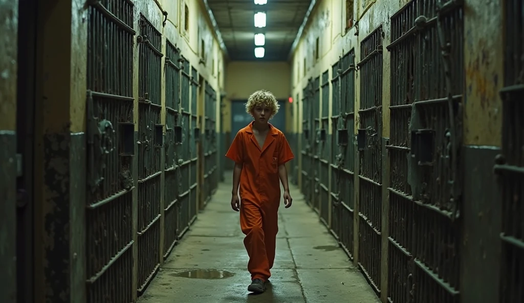 blonde boy in orange jumpsuit handcuffed shackled feet