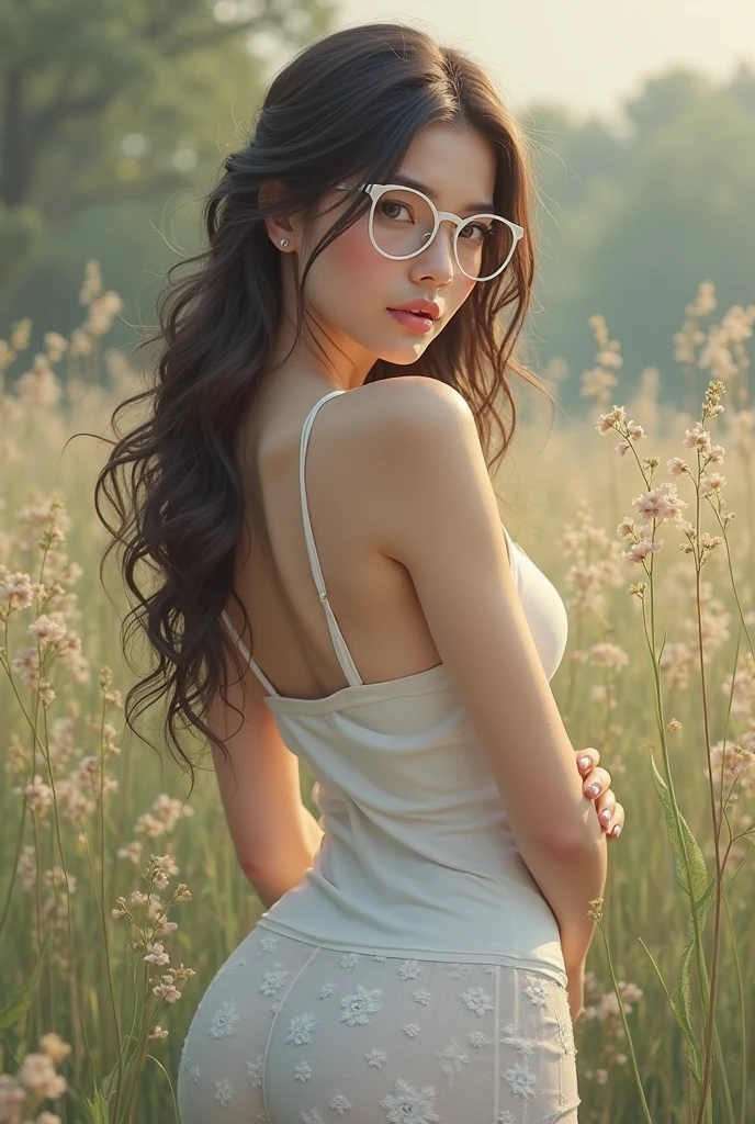 ((best quality, 8K, masterpiece: 1.3)), beautiful korean girl, pure, melon face, kind and cute, light smile, pure desire, slender body, (front), (tilted head), long brown wavy hair, windy hair, long flowing shoulders, round black big eyes, black round glasses, clear big eyes, sexy moist red lips, sweet, sitting front view on green grass of flowery meadow, backlighting sunset, ((wide open legs:1.5)), blured background, bright lighting, open mouth, pleading eyes, ((((whole body)))), sexy slender legs, small firm breasts, lift your skirt, ((slim muscular body)), (M-legs:1.5), ((lifting you own skirt:1.5)), She's pulling her white shirt upwards to reveal her breasts. Her shirt is now lifted, exposing her breasts. blue tartan miniskirt, upskirt white panties, tilted head, (ultra realistic, hyper realistic, real photo)