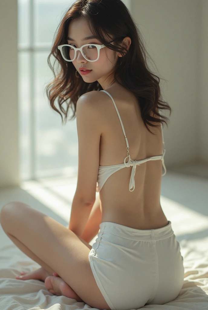 Woman with a transparent bikini that disappears when she looks in the mirror