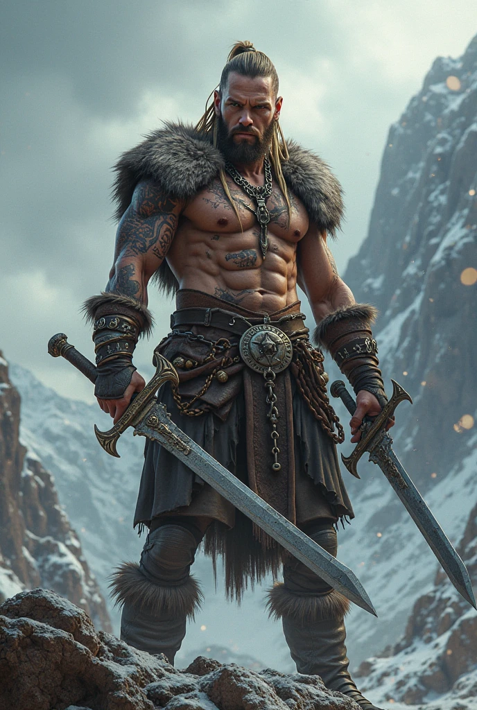Sexy thin muscular viking with big crotch bulge in the cold snow storm, muscular vinking in the cold snow. Men in leather underwear. Sexy viking male. Viking with a big axe.