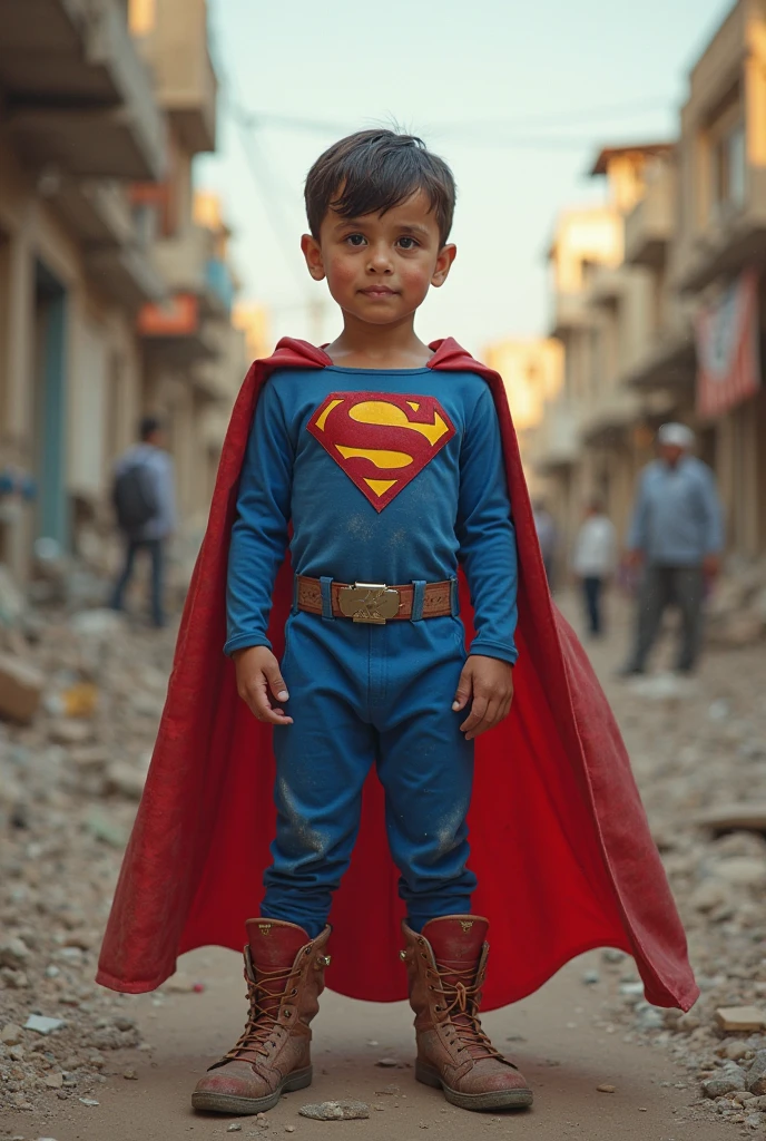 Full body view of an 8 year old with short brown hair and brown eyes in a blue superhero suit lift an enormous boulder