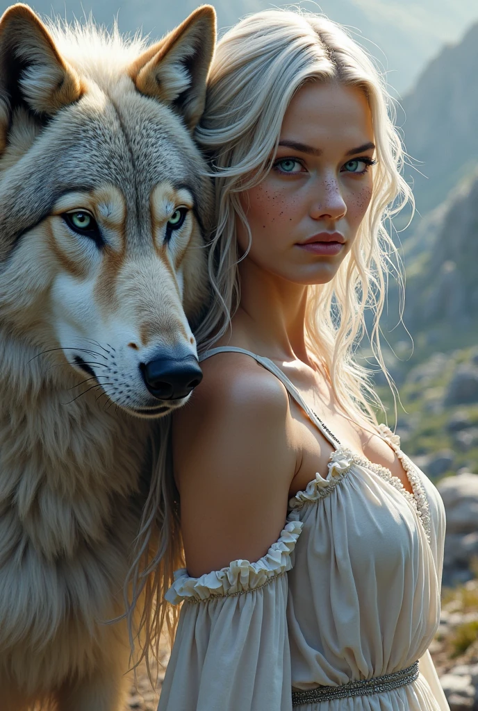 1 woman, inside an open field surrounded by fire, next to her is a huge white wolf with fire, the fire surrounds the woman and the wolf, natural face without makeup, wounds on her body, bruised face, blood running down her arm, dark circles under her eyes, dirty body, she is naked with long blonde hair covering her nudity, hair covering her breasts, she is without any clothes, detailed facial features, female blue eyes, detailed fair skin, long blonde hair, dramatic lighting, cinematic composition, dark palette, dark colors, atmospheric haze, thin chin, thin face, thin body, soft face, thin and beautiful woman, adult woman, ultra realistic, adult woman (best quality, 4K, 8K, high resolution, art: 1.2), ultra detailed (realistic, photorealistic, photorealistic: 1.37)