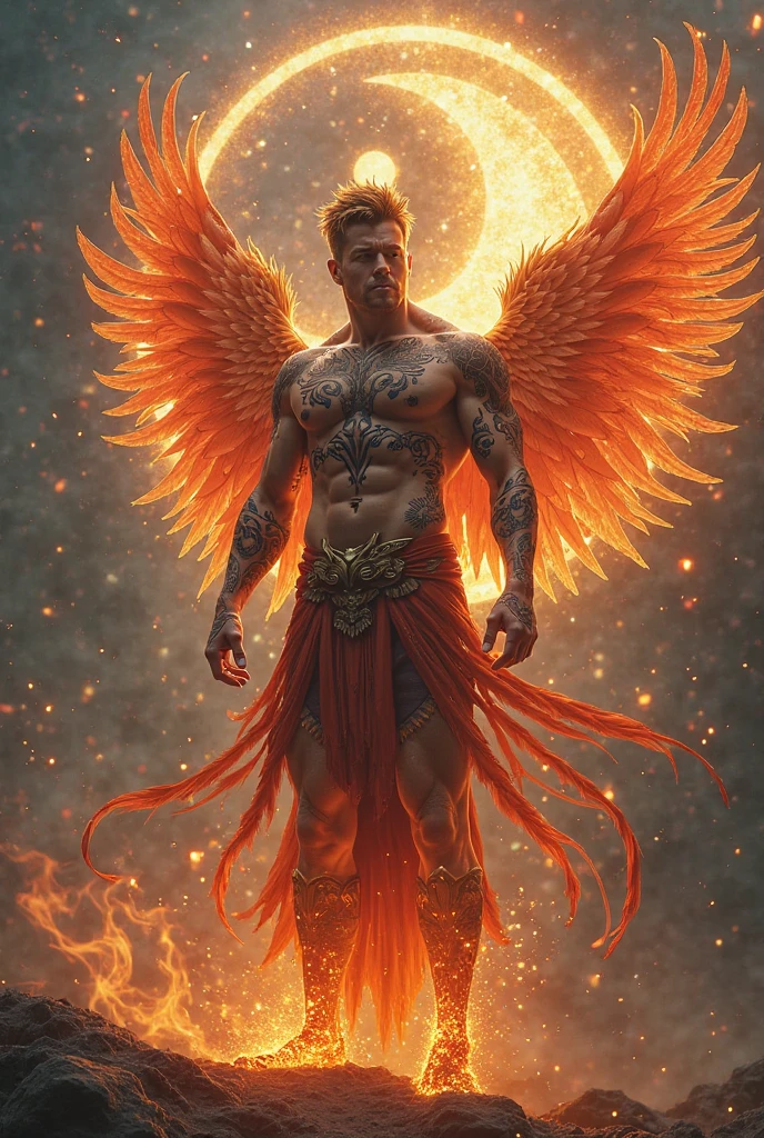 In a blazing inferno, a powerful and mythical male figure emerges, merging the essence of a Phoenix with Vortex. This imposing figure boasts a sleek, muscular build with vivid red and orange flames accentuating his form. His long, flowing black hair is interlaced with fiery streaks, adding to his dynamic and mystical presence. The creature's back is adorned with grand, phoenix-like wings that spread wide, emitting a fiery glow. Multiple tails extend from his lower body, each trailing behind in a cascade of flames. The background is a chaotic swirl of intense fire and molten lava, creating a dramatic and turbulent environment. His eyes burn with a fierce, fiery light, and his aura exudes both destructive power and mythical elegance. The lighting is stark and intense, reflecting the heat of the flames and casting dramatic shadows and highlights. The scene captures the explosive fusion of mythical majesty and fiery intensity, with detailed textures and a powerful, dynamic composition.