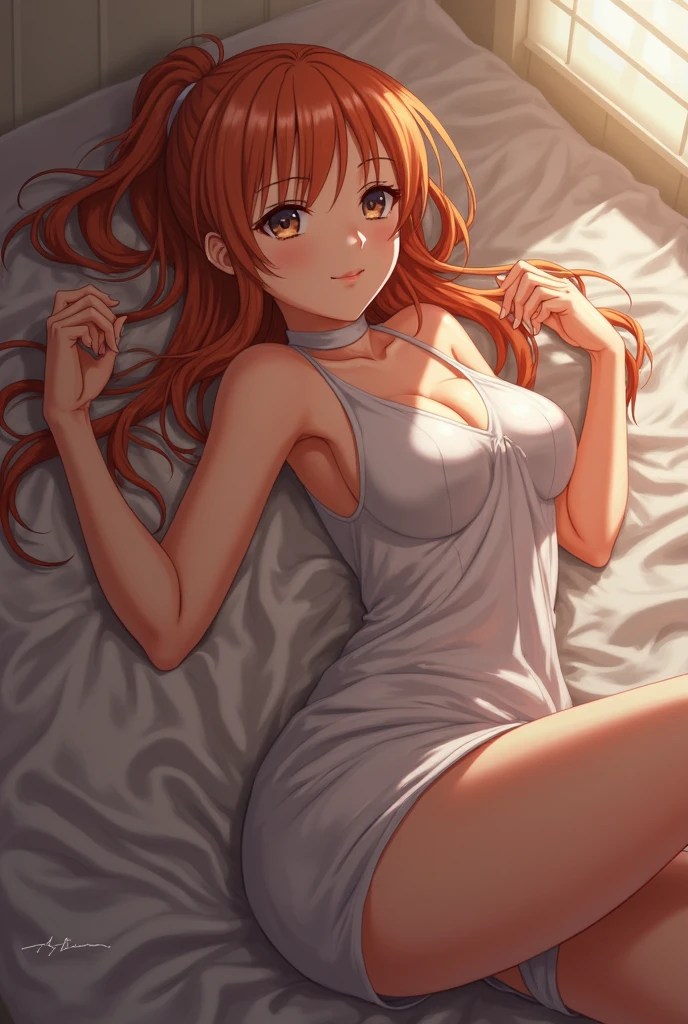 Realistic image, detailed image, coherent image. 1 beautiful elf. dressed in a transparent nightgown. She has long, curly orange hair, styled in a ponytail. Green eyes with long eyelashes. Sensual expression. She has rabbit ears and tail. She has a curvy body, medium breasts, thick thighs. She is sitting cross-legged. She is in a penthouse on a starry night. View from above. Arching her back. Soft focus, Dramatic shadows, Volumetric lighting, natural lighting. ISO:100, F1.4, --equals 2