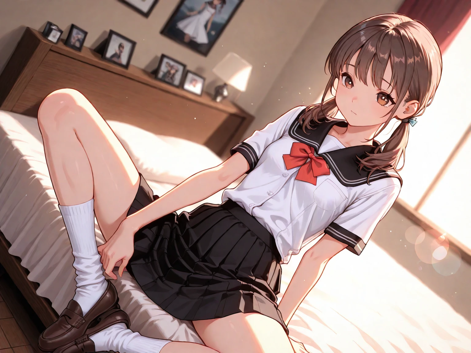 ​masterpiece、top-quality、hight resolution、photos realistic、real looking skin、18 year old Japanese girl、short stature、Beautiful eyes、Shining eyes、embarrassed from、short twintails、Collared shirt with short sleeves、pleatedskirt、Fully exposed panties、Cute panties、high socks、M-shaped legs、Sit and open legs、arms behind back、On the bed in the bedroom、linen child panties、nsfw
