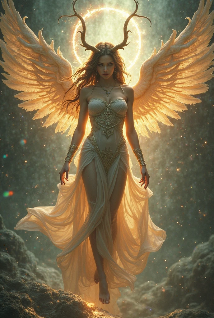 A beautiful female angel holding lightning in her hand, See-through costume, Halo