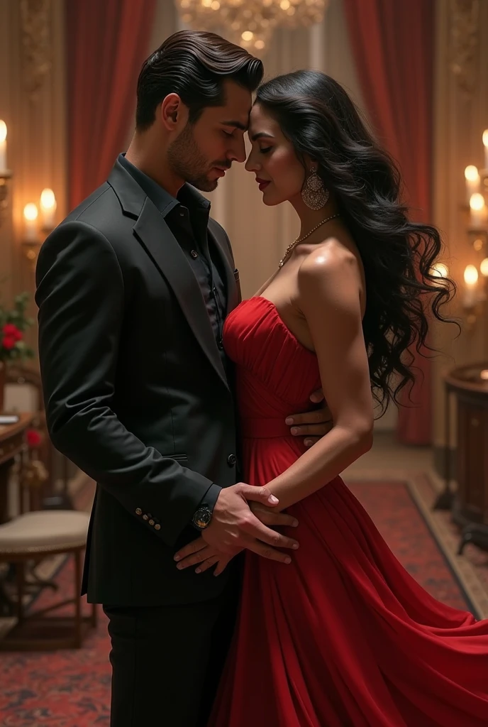 Shirtless boy kissing and making out passionately with a sexy woman with long straight black hair wearing sheer maroon kurta with black embroidery