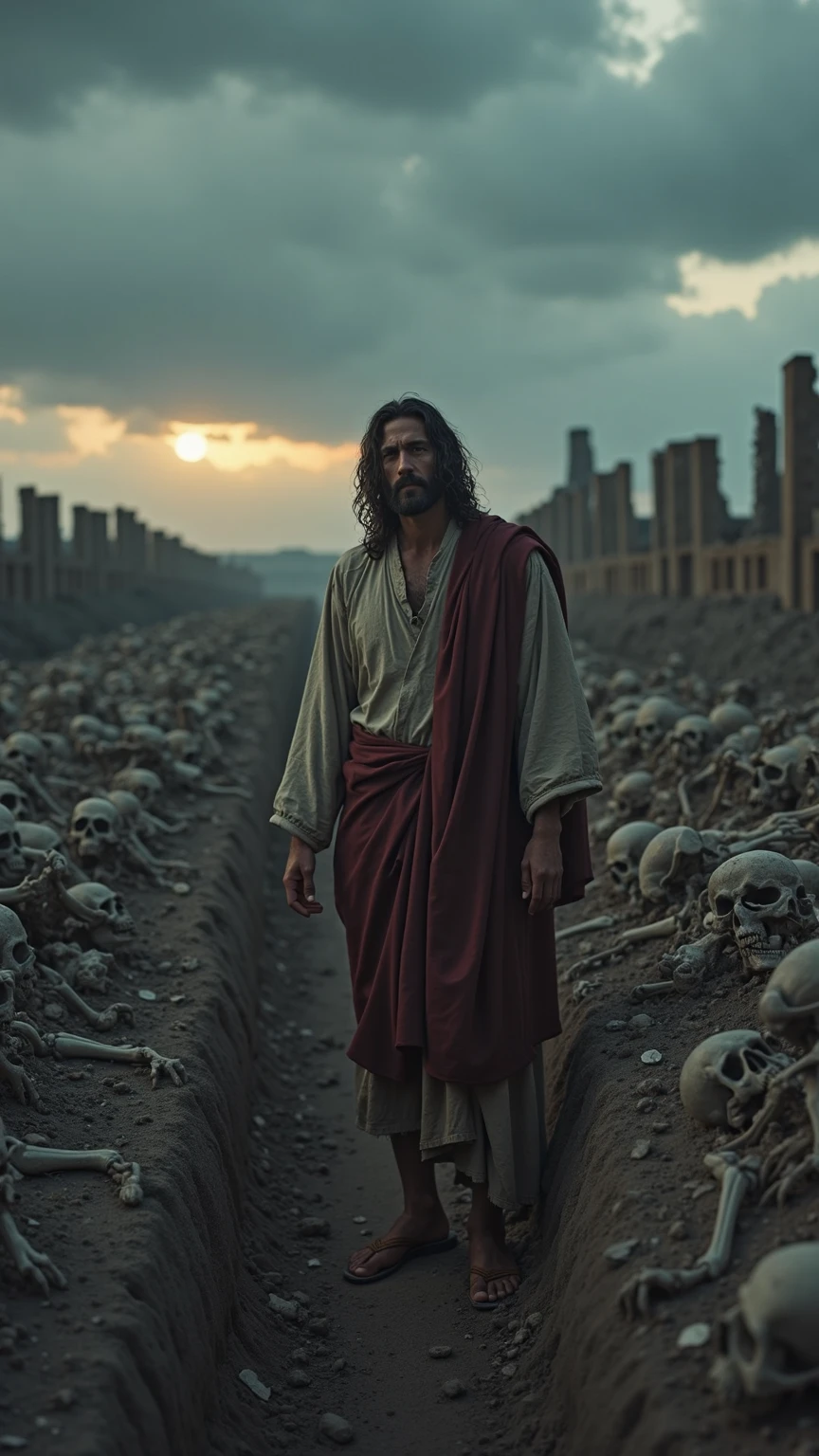 a man standing on human bones of thousands of man and jesus standing in front of that man 
