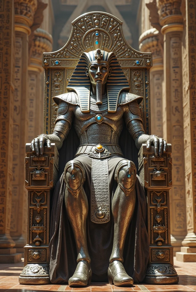 One Person, Solo, Godanubis sitting on a throne inside the pyramid, splendid, Egypt, energy, aura, dust, debris, dune,