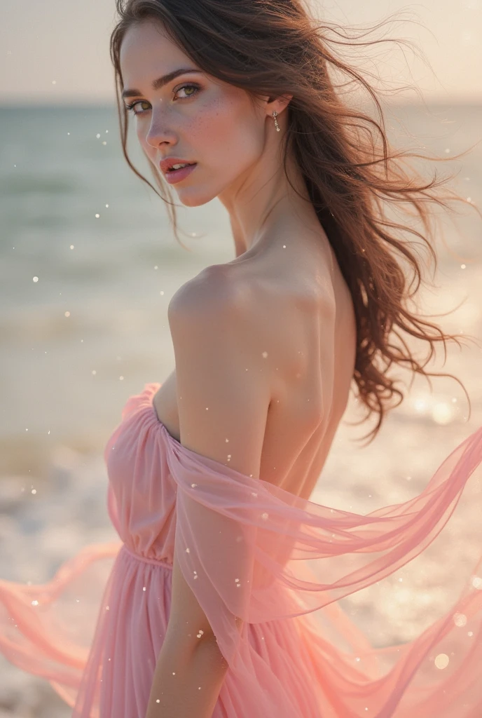 Realistic, (masterpiece:1.4, best quality), (intricate details), unity 8k wallpaper, ultra detailed, (pastel colors:1.3), Ivory colour transparent dress, breeze blows hair, Big breasts, thin waist, 1girl, detailed, solo, Beach, front view, full-length shot.