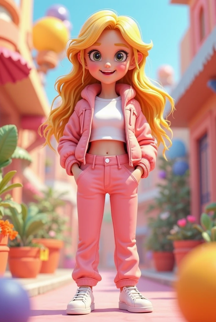 Barbie cartoon style, with brown eyes,short white hair ,dressed in a red crop top with white stripes,white pants,and black boots 