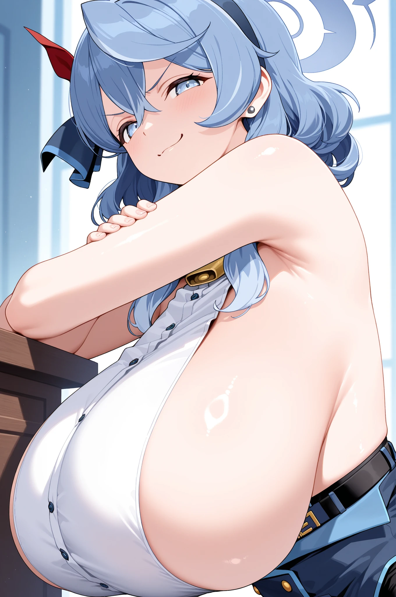 Highest quality、High resolution、Detailed Background、(Beautiful face in every detail:1.4)、Anatomically correct、Highly detailed face、Detailed eyes、Teenage beauty、Huge breasts、Perfect body line、Bobcut、ponytail、cute hairstyle、Attractive upper arms、Excited、Crying face、Blushing、Accentuate your armpits、Show your shoulders and arms、Accentuate your cleavage、
(Woman posing with exposed armpits and looking at camera with embarrassed expression:1.5)、(Her white sleeveless blouse is so big that the buttons are about to come off and rip.:1.5)、Sitting at a desk in a school classroom、Navy blue pleated mini skirt、White Pantyhose、Panty Shot、cute
