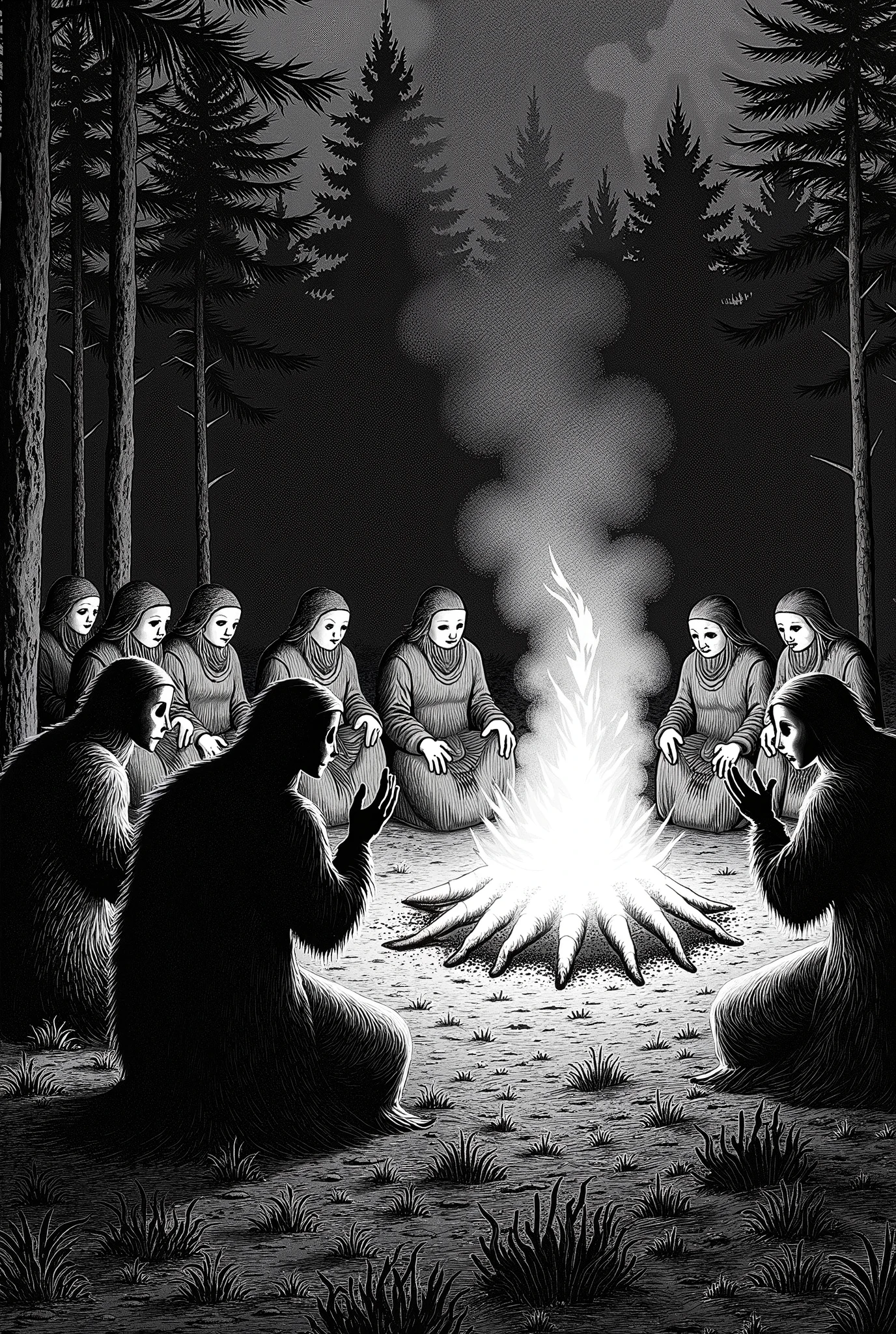 Depressive Black,black and white etching、people wearing masks made of wood、people wearing fur々but、night、is sitting around a huge campfire flames clapping and spreading their hands、on the background is natural、Ma fur tent
