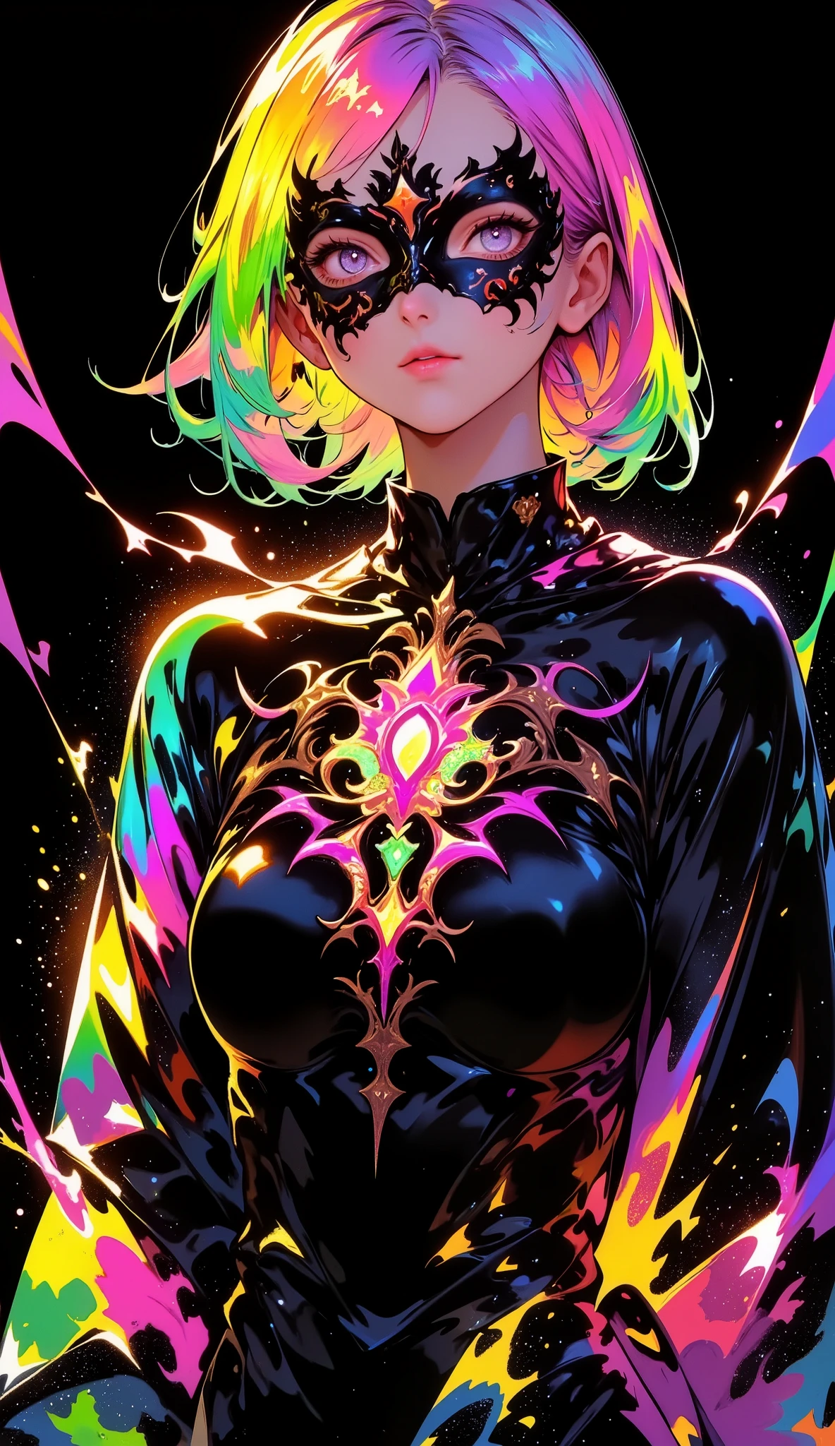  score_9, score_8_up, score_7_up, masterpiece, source_anime,1girl ,Limited Palette , black background, colorful ,Glowing Contours,neon, black light,detail eyes,iris,dynamic motion,  woman wearing big papillon masks,woman dancing a waltz,detailed fullbody,elegant ballgown,graceful dance pose,beautiful facial features,intricate masquerade mask,ornate ballroom interior,warm lighting,dramatic chiaroscuro,high resolution,photorealistic,professional digital painting,cinematic,vibrant colors,dramatic shadows,ultra-detailed,4k,lighting effect,waterlighting,water light,splash water , masquerade Mask,skirt