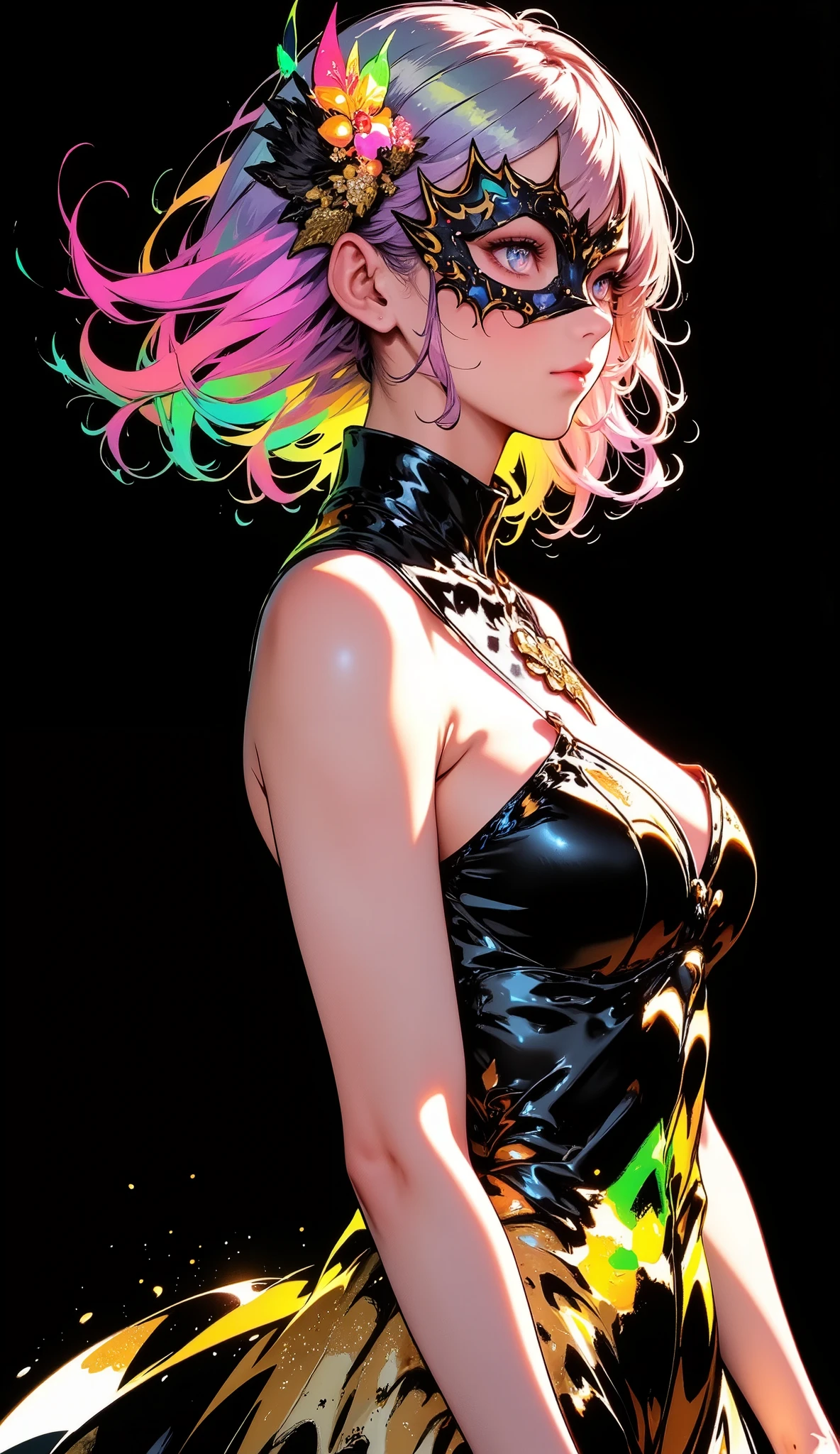 score_9, score_8_up, score_7_up, masterpiece, source_anime,1girl ,Limited Palette , black background, colorful ,Glowing Contours,neon, black light,detail eyes,iris,dynamic motion, woman wearing big papillon masks,woman dancing a waltz,detailed fullbody,elegant ballgown,graceful dance pose,beautiful facial features,intricate masquerade mask,ornate ballroom interior,warm lighting,dramatic chiaroscuro,high resolution,photorealistic,professional digital painting,cinematic,vibrant colors,dramatic shadows,ultra-detailed,4k,lighting effect,waterlighting,water light,splash water , masquerade Mask,skirt