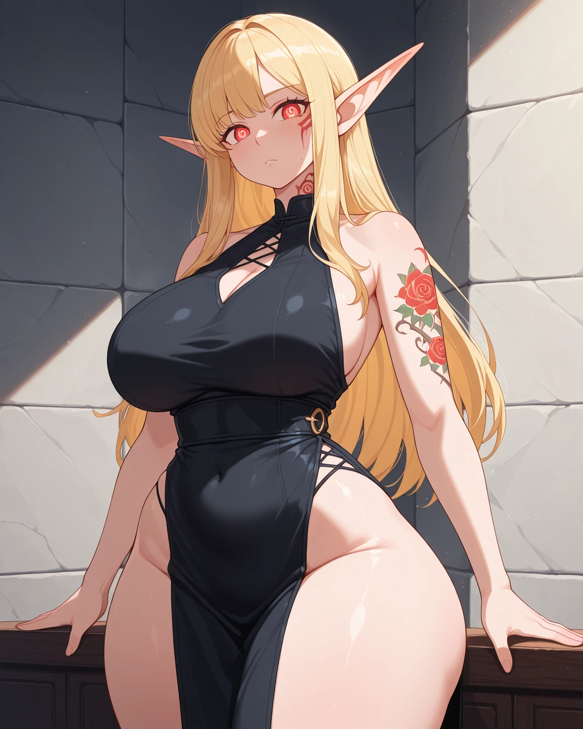 ((masterpiece)), 1girl, solo, upper art, blond hair, very long hair, very curly hair, black eyes, long eyelashes, thick eyelashes, looking at viewer, nonchalant face, black cute dress with ruffles, safe dress, long and covered dress, elf ears, dark home background, livingroom fantasy background, giant breasts, bangs, looking away, side pose