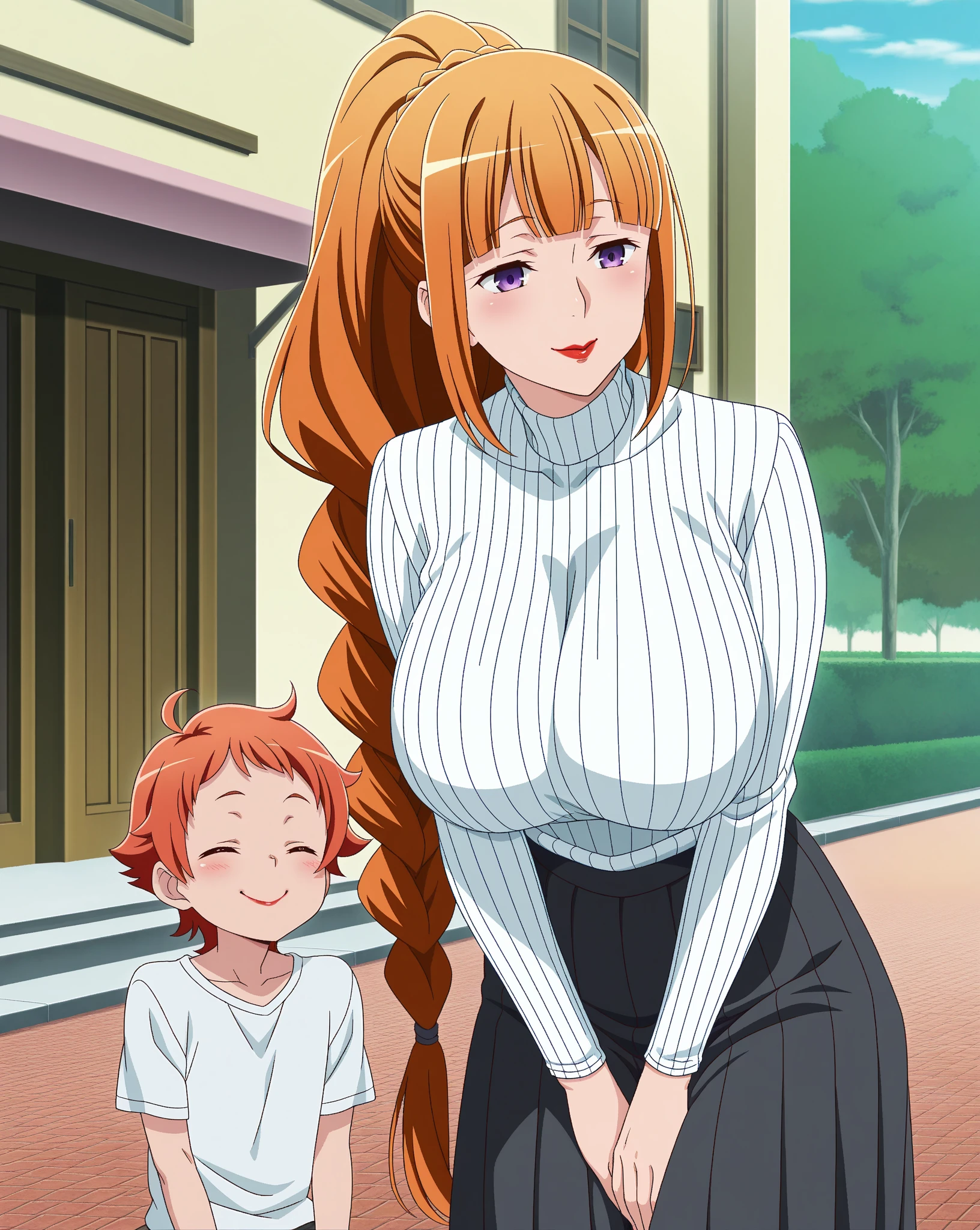 masterpiece, best quality, 1girl, alicetaria,blonde hair, l, mother and son , mom and shota, long hair, ponytail, blue eyes, blue shirt, pleated skirt, solo, simple background, bikini, beach, , alicetaria and son, motherly, walking, family, mother and child,boy, smile ,Pregnant, tall woman, brown hair boy,