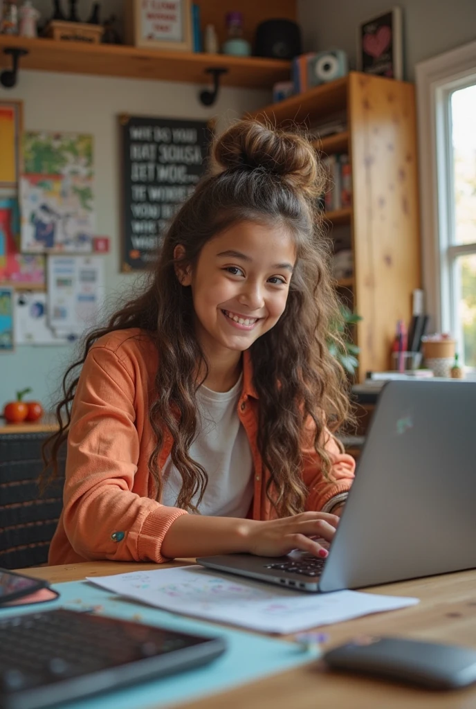 Kid is sitting with laptop and smiling and studying with fun
